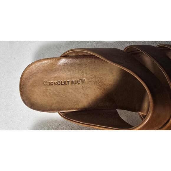 Chocolat Blu Morgan Wedge Sandal Strappy Size 9 Tan Leather - Picture 4 of 9